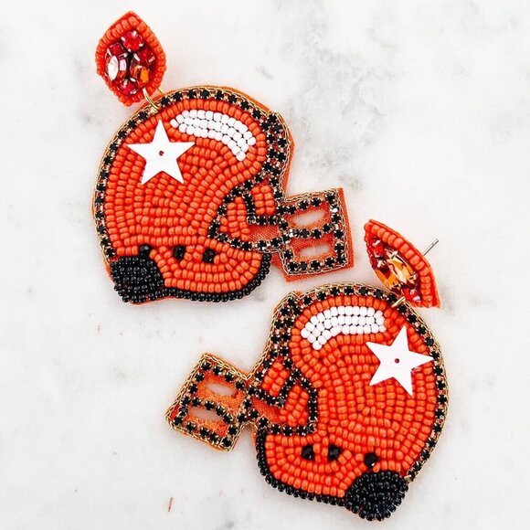 Orange and Black Beaded Football Helmet Earrings - Picture 1 of 1